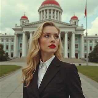 Blonde young Russian woman with red lipstick wearing formal attire standing outside a Soviet government building under a cloudy sky during the daytime.
