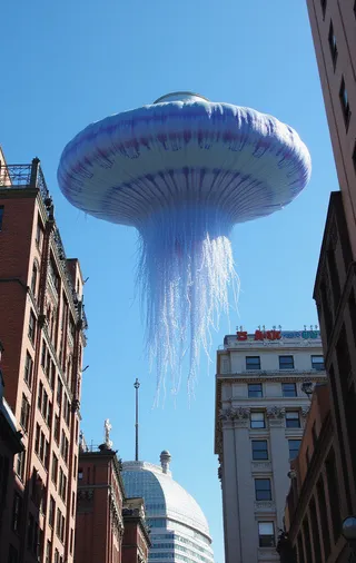 Giant jellyfish-shaped alien spaceship hovering in the sunny clear blue sky above New York City buildings during daytime.