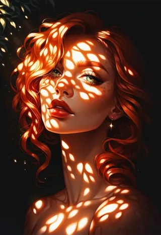 Portrait of a beautiful young woman with ginger curly hair and green eyes, illuminated by dappled sunlight against a dark background
