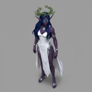 Full body view of an elf woman with dark purple skin, glowing cyan eyes, long blue hair, wearing a white dress with silver ornaments, a leaf wreath headpiece, and silver sandals against a simple gray background.