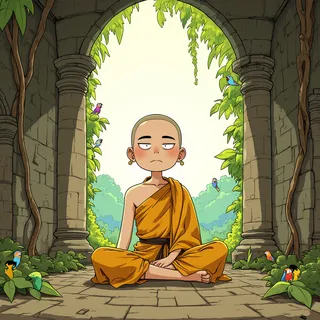 A focused young monk sitting cross-legged in meditation within ancient temple ruins covered by lush jungle vines, surrounded by colorful exotic birds.