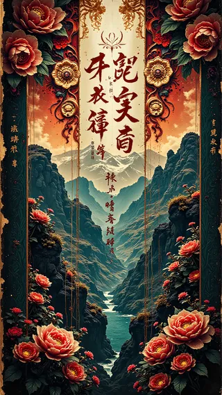 An epic mountain valley landscape with a river flowing through, framed by an ornate bronze border decorated with autumn flowers and Chinese calligraphy in Han Dynasty tattoo style.