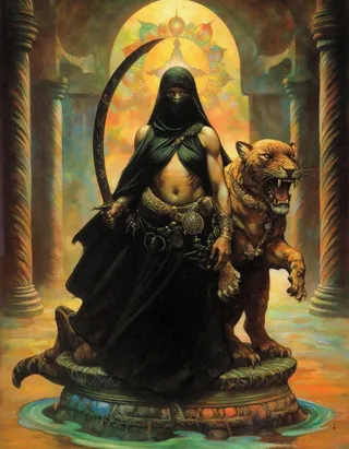 Arabic woman wearing a veil over the lower half of her face holding a scimitar, standing next to a fierce jaguar inside a mosque with detailed sacred geometric designs and light shining through, on a platform surrounded by a pool of water.