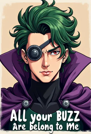 Portrait of a man with a metallic cyborg eyepatch over his left eye, vibrant green wavy hair, a red right eye, and a purple cape, accompanied by the caption 'All your BUZZ are belong to me' at the bottom.