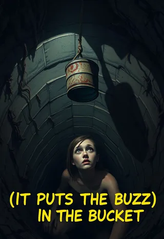 A scared young woman trapped in a dark, dirt-lined well looking up at a rusty bucket being lowered by a rope, with shadows casting on the well walls.