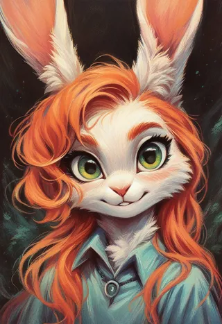 Portrait of a furry rabbit girl with white rabbit ears, green eyes, and long flowing red hair, wearing a blue shirt in ncpy13 pastel style.