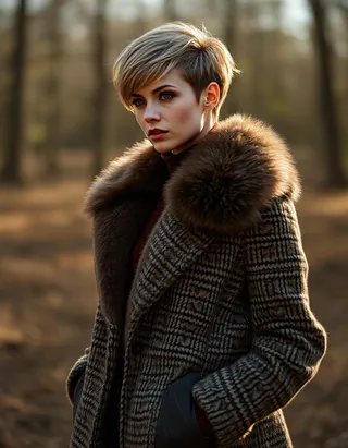 Gorgeous woman with a pixie cut and two-tone hair wearing a tweed coat with a large fur collar, standing outdoors in a campground with side lighting.