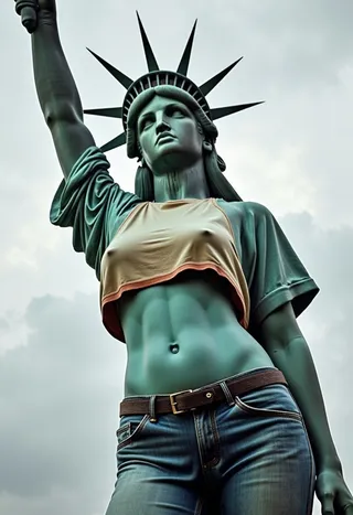 The Statue of Liberty depicted wearing a tight cropped shirt and jeans, showing stylized modern clothing on the iconic statue.