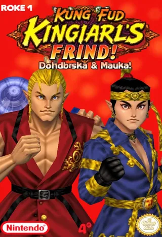 Nintendo 64 style low poly screenshot featuring two Kung Fu martial arts characters in vibrant costumes, set against a bright red background with the title Kingiarls Frind prominently displayed.