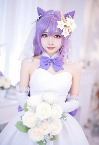 Bride with long purple hair and purple eyes, wearing a white bridal dress with gloves and veil, holding a bouquet of white roses with flower accessories in hair.