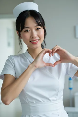 Smiling Japanese female nurse in a white nurse dress making a heart shape with her hands in a modern hospital room.