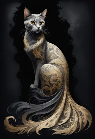 A detailed house cat illustration with glowing amber eyes and intricate golden swirling patterns on its fur and flowing tattered gown, set against a dark, moody background with ethereal silver mist.