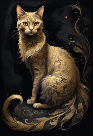 Stylized illustration of a house cat with intricate golden swirling patterns on its fur and tail, glowing eyes, set against a dark background with ethereal mist and shadows.