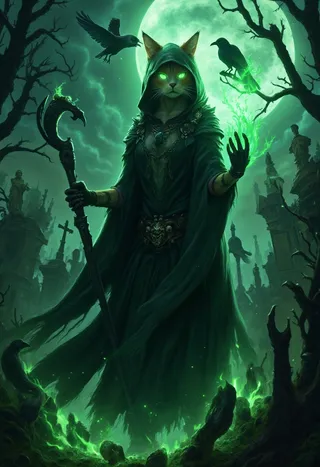 Anthropomorphic cat necromancer in a black tattered hooded cloak wielding a magical staff, casting glowing green magic in an eerie moonlit graveyard surrounded by skeletal hands and black ravens.