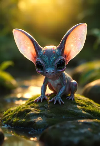 Extreme close-up of a bioluminescent alien micro creature perched on a moss-covered rock near a babbling stream, glowing translucently in golden hour light with large translucent ears in watercolor anime style.