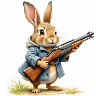 Cute rabbit in a blue jacket holding a rifle, illustrated in the style of Beatrix Potter with realistic fur and detailed expression.