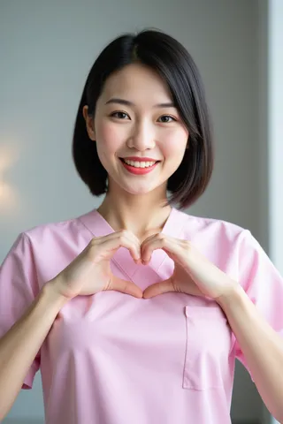 Smiling Japanese female nurse in a pink uniform making a heart shape with her hands on her chest in a modern hospital room.