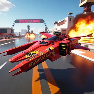 Red hovercraft with flame decals racing on a futuristic cyberpunk track with explosions in the background and sleek jet engine design