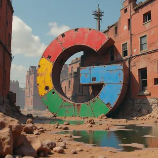 3D rendered large, rusty Google logo idol with faded red, yellow, green, and blue colors leaning against abandoned brick buildings in a dystopian urban setting with dirt and puddles in foreground