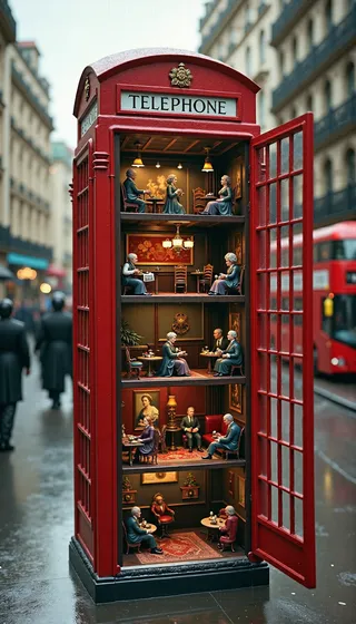 A detailed mini multi-level diorama inside a classic red British telephone box depicting various scenes of British life from pub to office on a rainy London street.