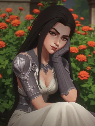 Female figure in arcane style adorned with ornate silver armor and white dress, sitting contemplatively in a garden with vibrant orange flowers.