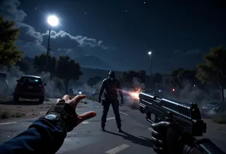 First person perspective holding a black pistol firing towards a security guard at night under a moonlit sky with stars.
