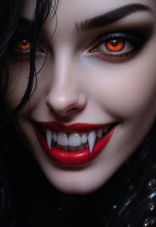 Ultra-realistic digital portrait of a vampire queen smiling with sharp fangs and glowing red eyes, featuring a seductive and alluring expression.