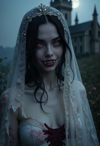 Close-up of a vampire bride with piercing red eyes, bloodstained wedding gown, delicate lace veil, and sharp fangs in front of a moonlit ancient castle.