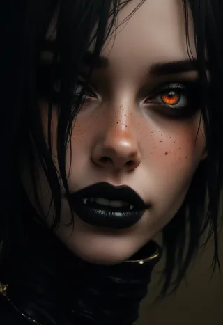 Close-up realistic portrait of a vampire woman with black lips, orange glowing eyes, freckles, and sharp fangs under cinematic warm lighting.