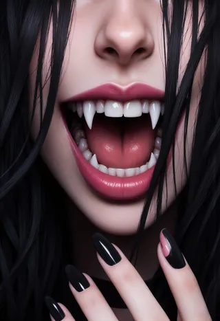 Close-up portrait of a girl with black hair and black nails showing sharp vampire-like fangs, open mouth, and tongue visible
