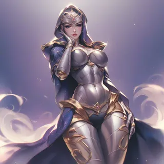 Beautiful woman wearing a shiny chromatic metallic armor and cloak under dark night time shadows
