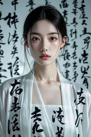 Portrait of a young Asian woman wearing a white kimono adorned with black calligraphy characters, standing in front of a backdrop featuring more black Asian characters.