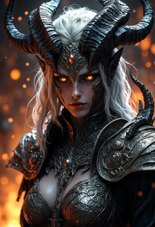 A female demon with large black horns, glowing orange eyes, and pale hair wearing intricately detailed silver armor. The scene has cinematic lighting with a fiery background of orange sparks and embers.