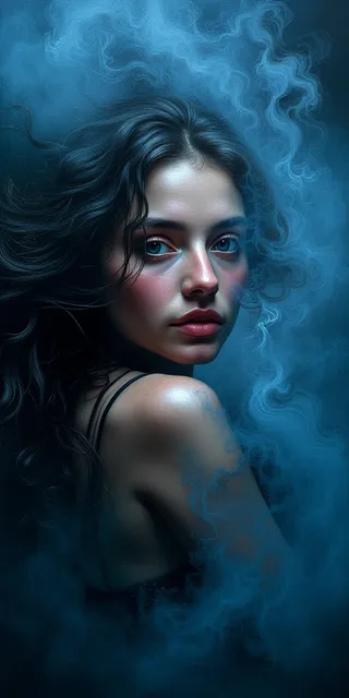 A smoky woman portrait styled like Rembrandt with blue mist swirling around her, featuring red makeup and a sultry, seductive expression.