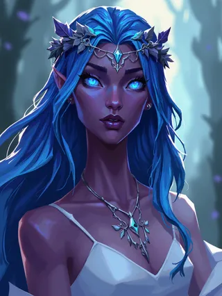 Stylized digital illustration of an elf woman with dark purple skin, glowing cyan eyes, long blue hair, wearing a white dress with silver ornaments and a leaf head wreath.