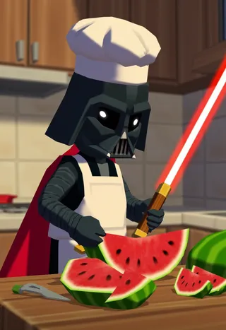 Wind Waker style Darth Vader wearing a chef hat and apron slicing a watermelon in a kitchen with a red lightsaber.