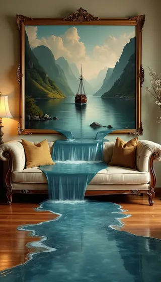 A surreal scene where a river flows out of an oil painting on a living room wall, cascading over a beige couch and spreading across a wooden floor, with a ship sailing between mountains in the painting.