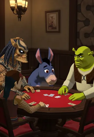 Windwaker style image of The Predator, Eeyore, Peter Griffin, and Shrek sitting around a poker table playing cards in a cozy, wood-paneled room.