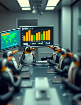 A high-tech conference room with penguins dressed in tiny suits holding a serious business meeting. One penguin adjusts its tie while another points at a presentation screen showing a fish sales graph.