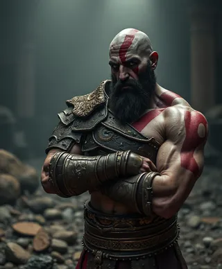 Hyper-realistic cinematic photograph of Kratos from God of War standing with arms crossed, wearing battle-worn armor and dramatic lighting highlighting his muscles and armor.