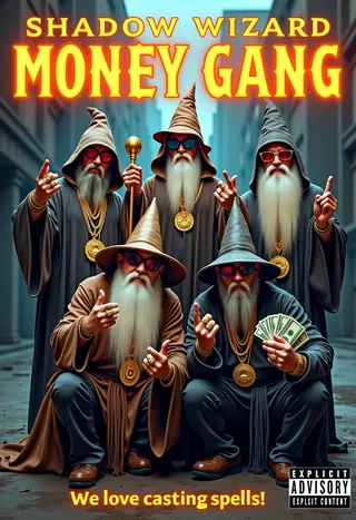 Five white wizards in robes and hats with long white beards and sunglasses posing like a rap group in a gritty urban setting, flashing bling, money, and making gang signs, with glowing text reading 'Shadow Wizard Money Gang' above and 'We love casting spells!' below, plus an explicit content warning.