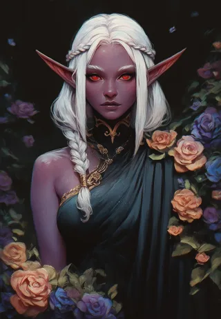 Portrait of a dark elf woman with purple skin, bright red eyes, long white braided hair, wearing a black dress adorned with gold and purple embroidery, surrounded by pastel-colored roses.