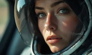 Close up portrait of a woman's face inside a worn astronaut helmet, showing detailed skin texture and reflective visor, symbolizing discovery of alien life.