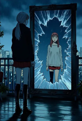 A solemn Asian girl wearing futuristic clothes stands on a rainy balcony at night, looking into a broken mirror that reflects a different version of her.