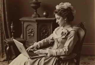 Sepia-toned vintage-style photograph showing a regal woman in 1800s fashion sitting in a lavish room using a modern laptop.