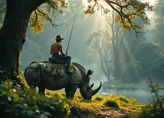 A shirtless man wearing a fedora sits on a moss-covered white rhinoceros, fishing by a misty forest pond at dawn with golden sunlight filtering through the trees.