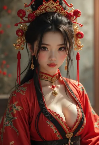 Young Japanese woman wearing a traditional red costume with ornate gold and red headpiece, detailed embroidery, and visible cleavage, featuring realistic facial features and eyes.