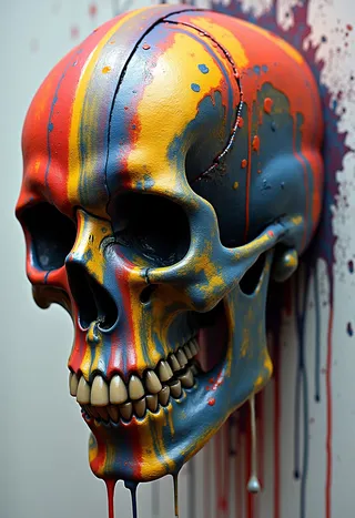 Close-up of a biomechanical skull covered in splintered paint with rainbow colors dripping down the surface, reminiscent of H. R. Giger's style.