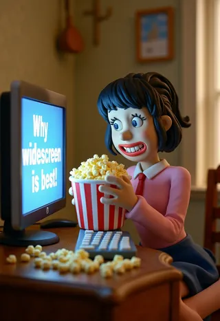 Claymation-style anime woman sitting at a computer eating popcorn, with the screen displaying the words 'Why widescreen is best.'