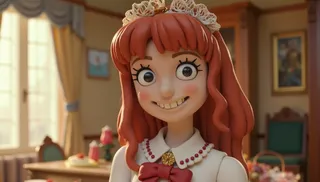 A claymation-style figure of an anime woman with red hair wearing a white maid outfit with red beads and a bow, smiling inside a cozy room.